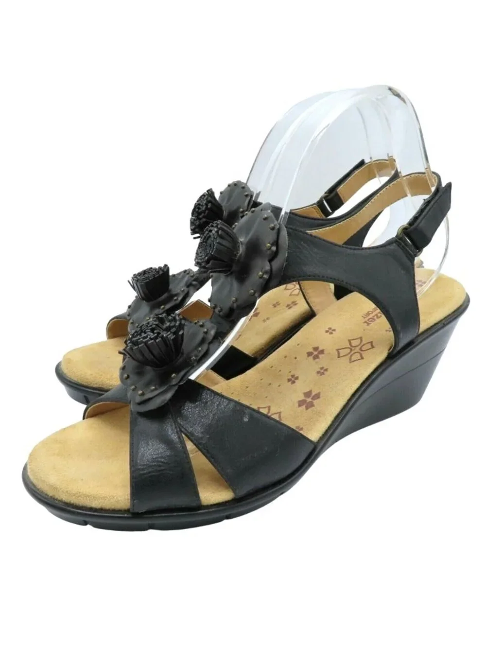 Naturalizer 10 M Comfort Explorer Womens Black Faux Leather Flower Wedge Sandal